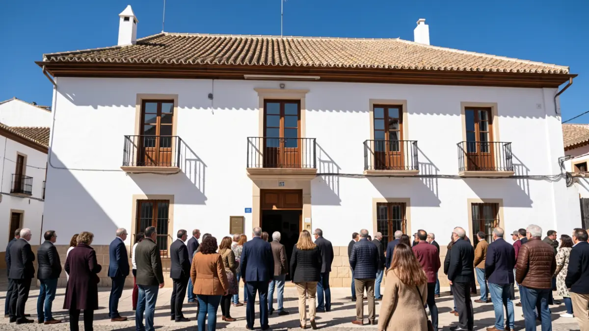 Fachada de un ayuntamiento andaluz con paredes blancas y tejado tradicional, bajo la luz intensa del sol.