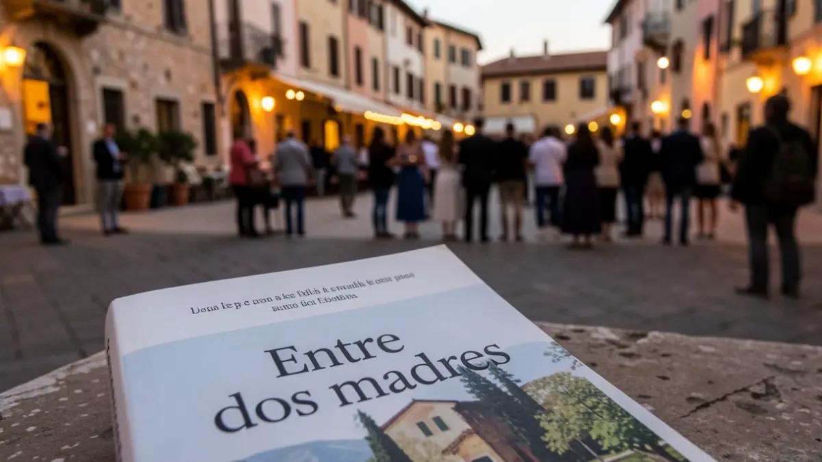 Primer plano del libro 'Entre dos madres' con un fondo sugerente de una plaza de pueblo andaluz al atardecer.