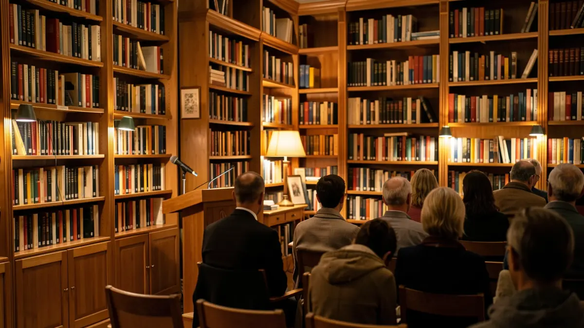 Imagen genérica de una sala de biblioteca con libros y un micrófono.