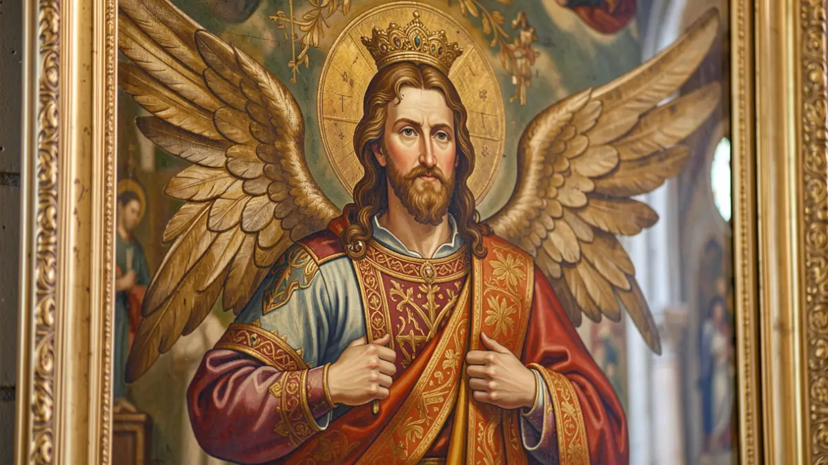 Cartel anunciador de las fiestas patronales de Nerja, obra del pintor Juan Antonio Ortega Montesinos, que representa a San Miguel Arcángel.