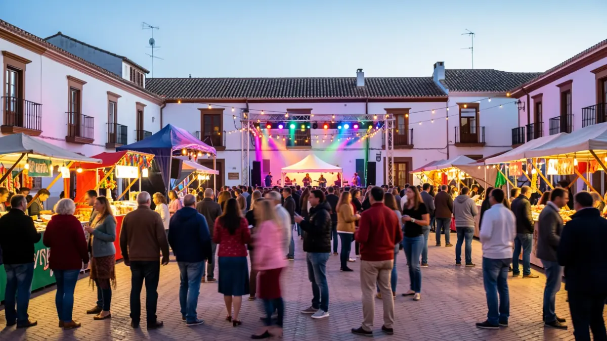 Plaza de un pueblo andaluz al atardecer durante una feria, con luces festivas y gente disfrutando del ambiente.