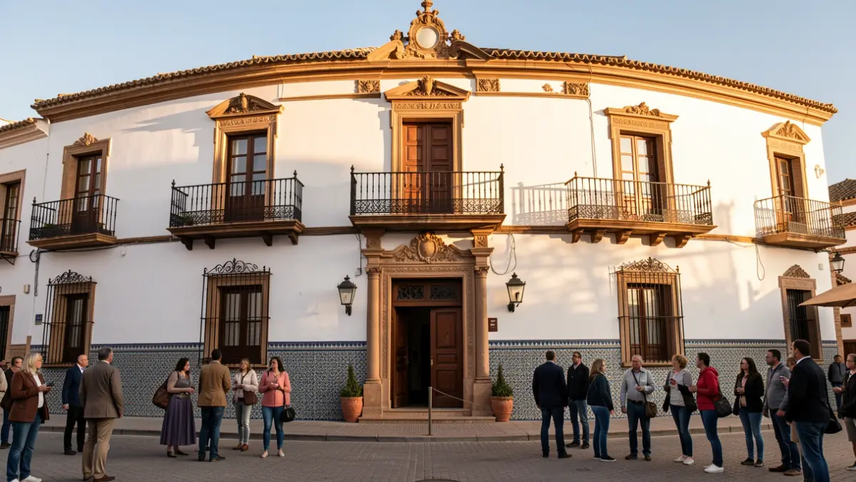 Facade of the Priego de Córdoba City Hall with Andalusian architectural details and warm light.