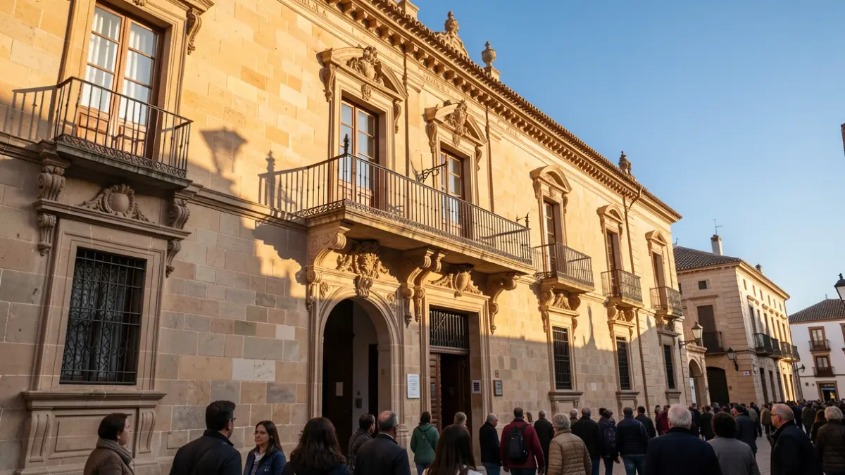 Fachada de piedra de un ayuntamiento andaluz con balcones ornamentados bajo la luz del sol.