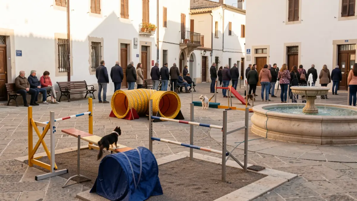 Image of a dog agility park in Priego de Córdoba with dog equipment and urban furniture.