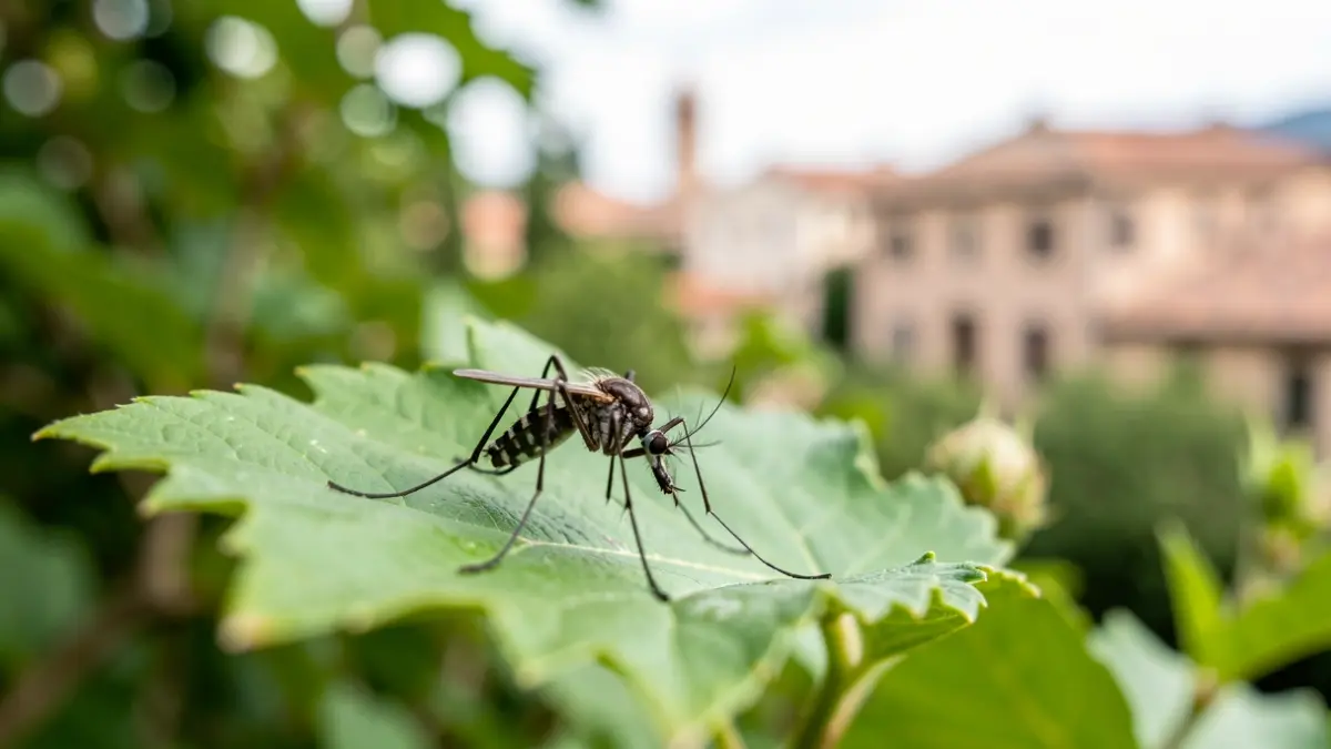 Primer plano de un mosquito sobre una hoja, con un fondo desenfocado de vegetación y un pueblo andaluz.
