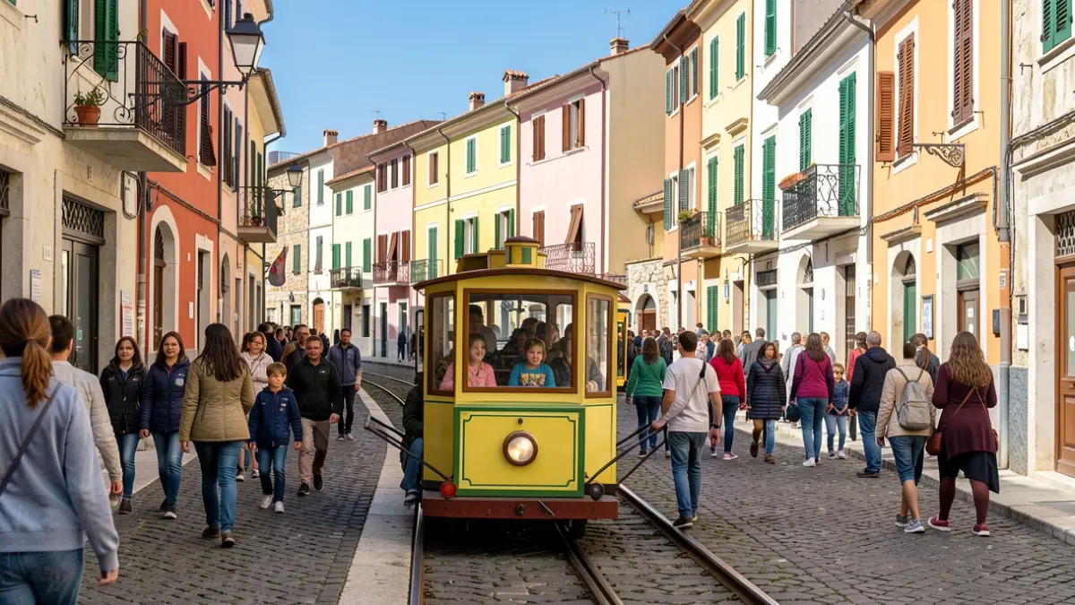 Imagen genérica de niños en un tren turístico explorando una ciudad mediterránea.