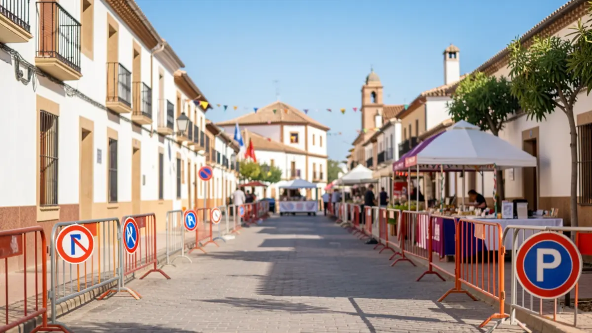 Imagen de calles de Cañete de las Torres con señalización de prohibido estacionar por la feria.