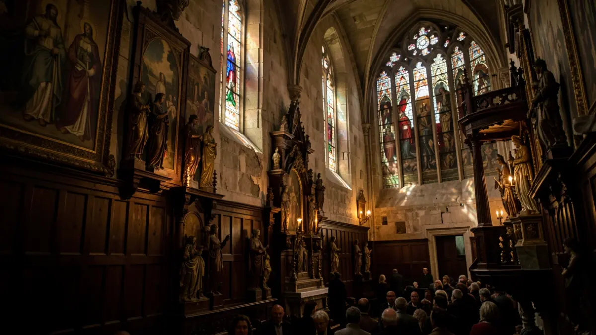 Generic image of a historic Spanish church interior with dim lighting and architectural details.