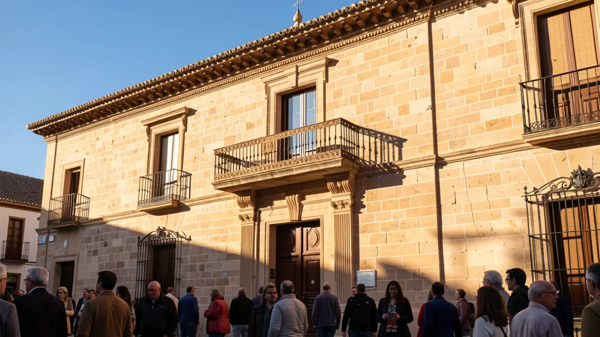Facade of an Andalusian town hall with a balcony and iron railings, afternoon light.