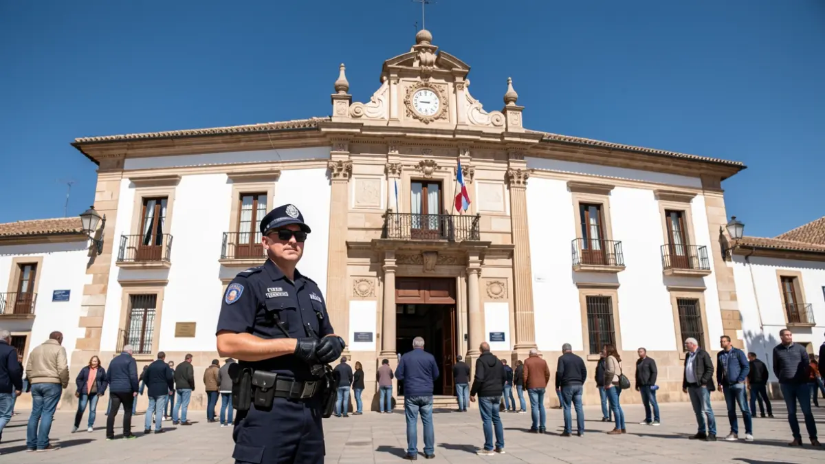 Fachada del Ayuntamiento de Puente Genil con un policía local.