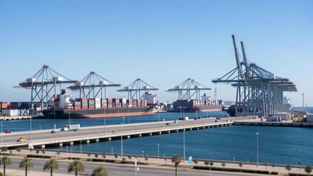Instalaciones portuarias industriales en Almería con grúas y buques de carga.
