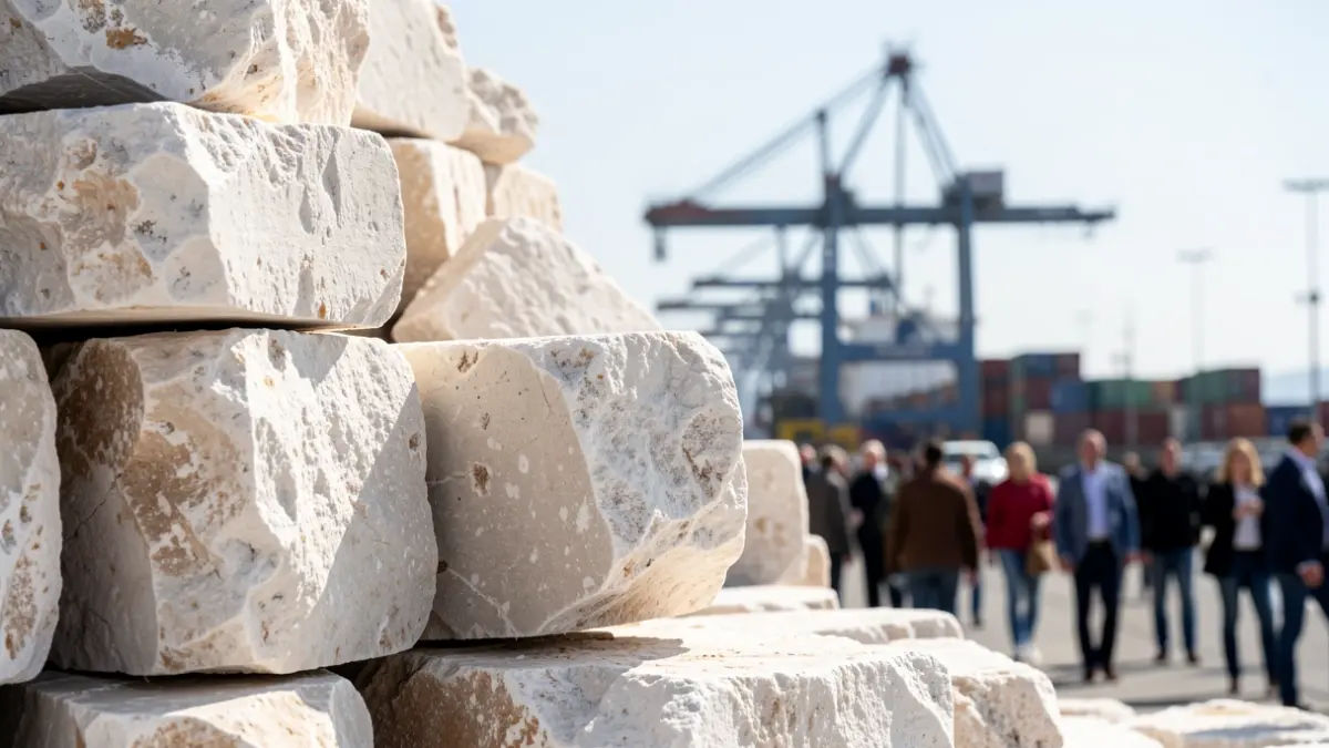 Rocas de mineral de yeso apiladas para exportación en un puerto de Almería.