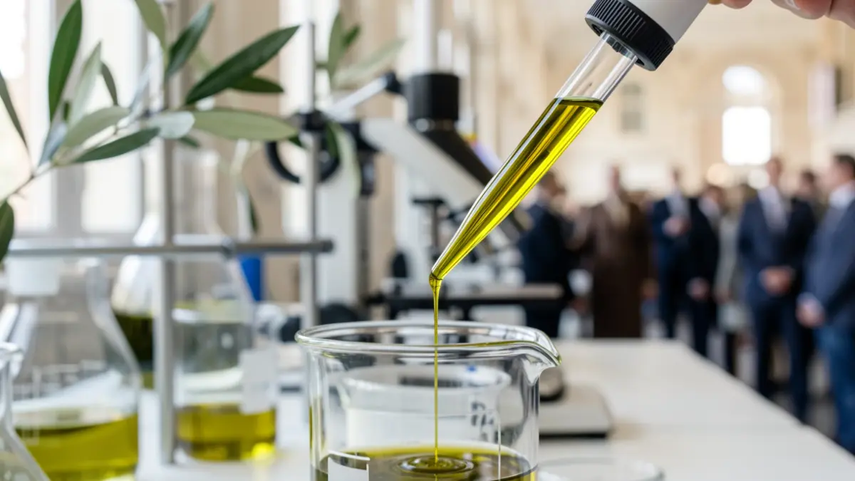 Primer plano de aceite de oliva virgen extra siendo extraído en un laboratorio.