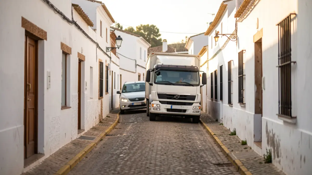 Imagen de una calle estrecha en un pueblo andaluz con un camión bloqueando el tráfico.