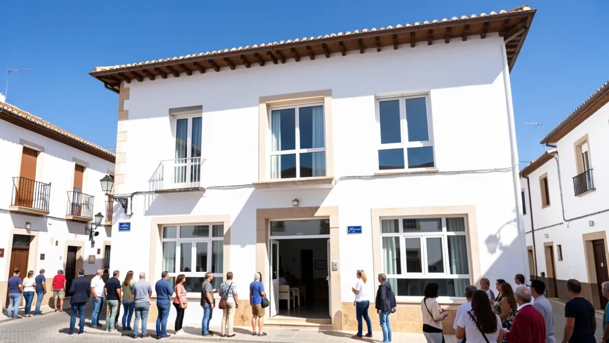 Facade of a renovated community center in a white Andalusian town.