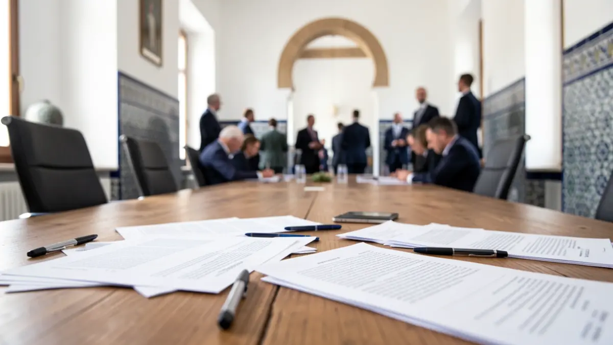 Imagen genérica de una mesa de reuniones con documentos y elementos arquitectónicos andaluces.