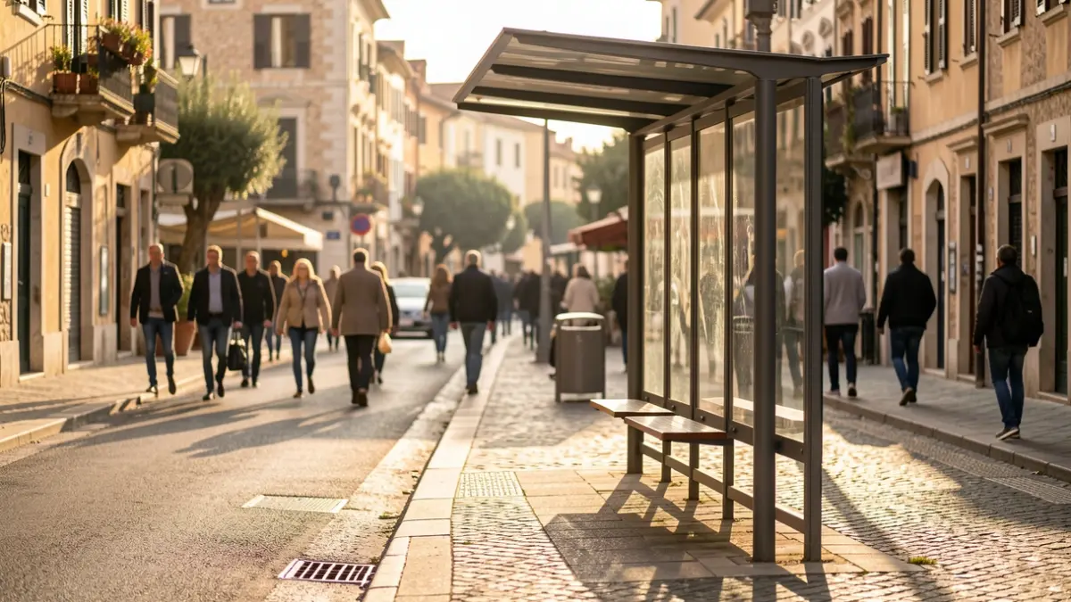 Generic image of an urban bus stop on a sunny morning.