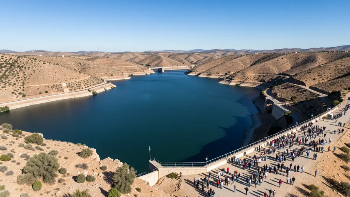 Aerial view of a large reservoir in Andalucía under the midday sun.