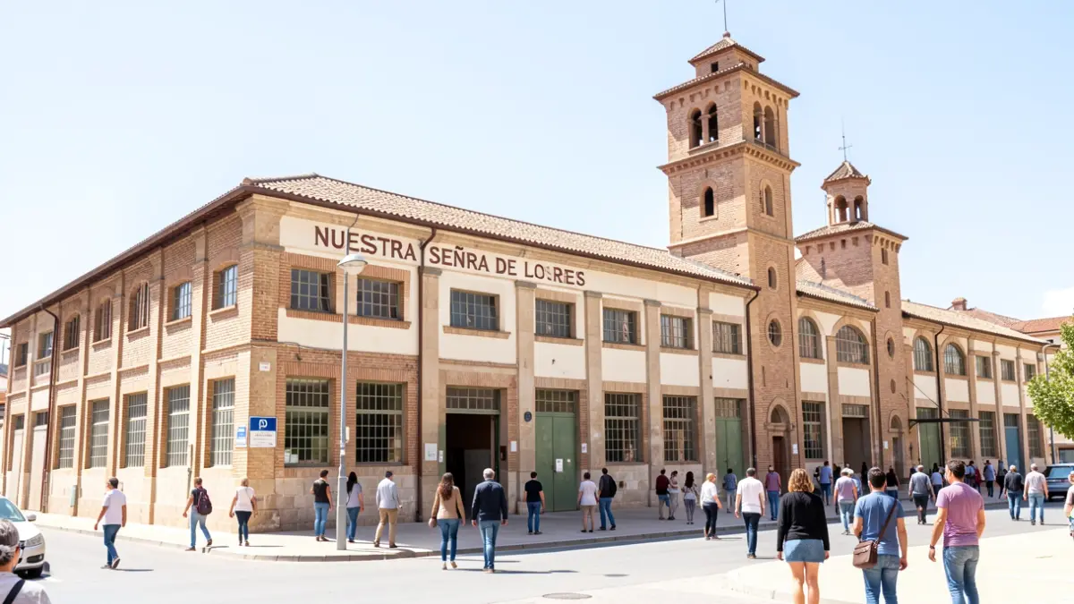 Facade of old industrial warehouses of the 'Nuestra Señora de los Reyes' cotton factory in Seville, undergoing renovation.