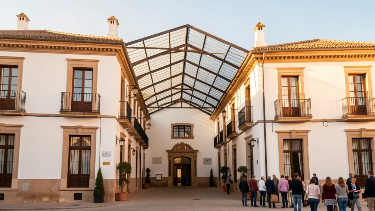 Facade of the Marcos Redondo Professional Music Conservatory in Pozoblanco, Andalusia, with its central patio partially open.