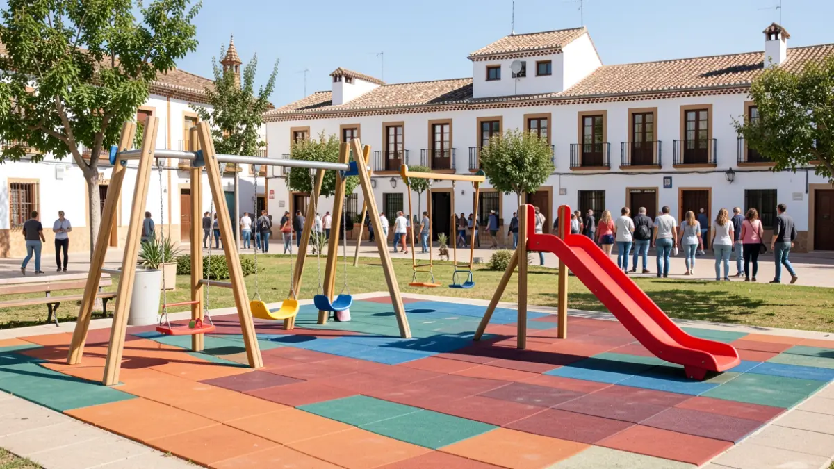 Parque infantil renovado en la barriada San Lucas de Sanlúcar con nuevo pavimento de caucho.