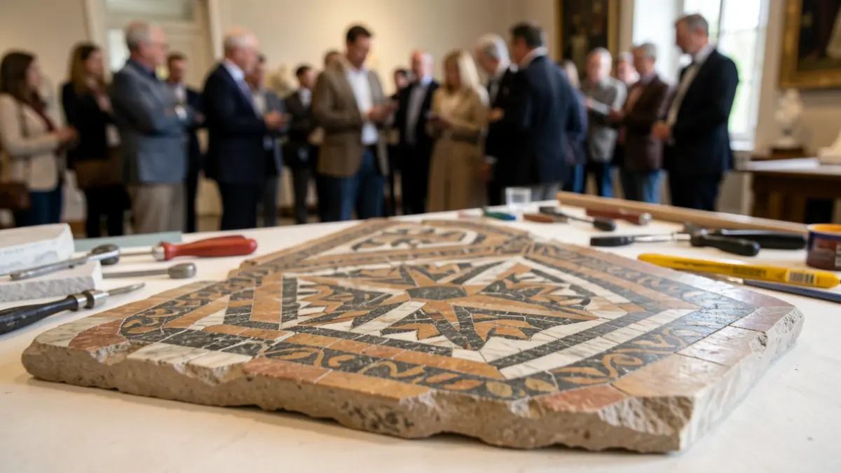 Primer plano de fragmentos de mosaicos romanos antiguos con intrincados patrones geométricos.