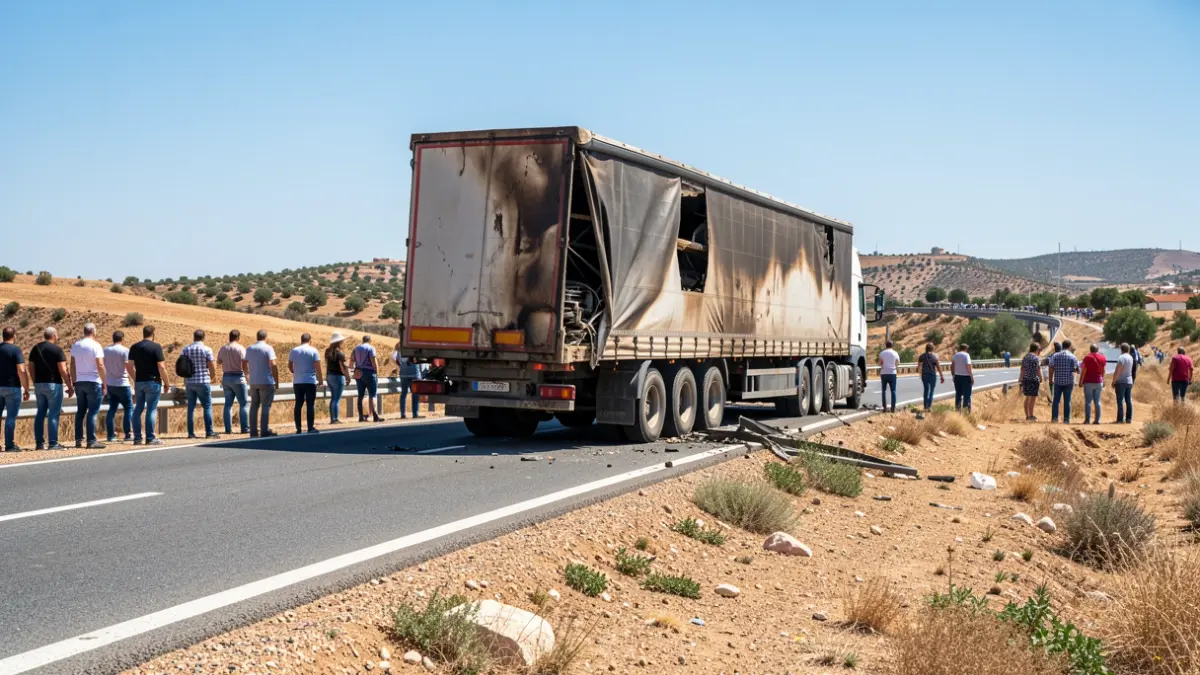 Imagen de un camión quemado y abandonado en la autovía Jerez-Los Barrios, con signos de descomposición.