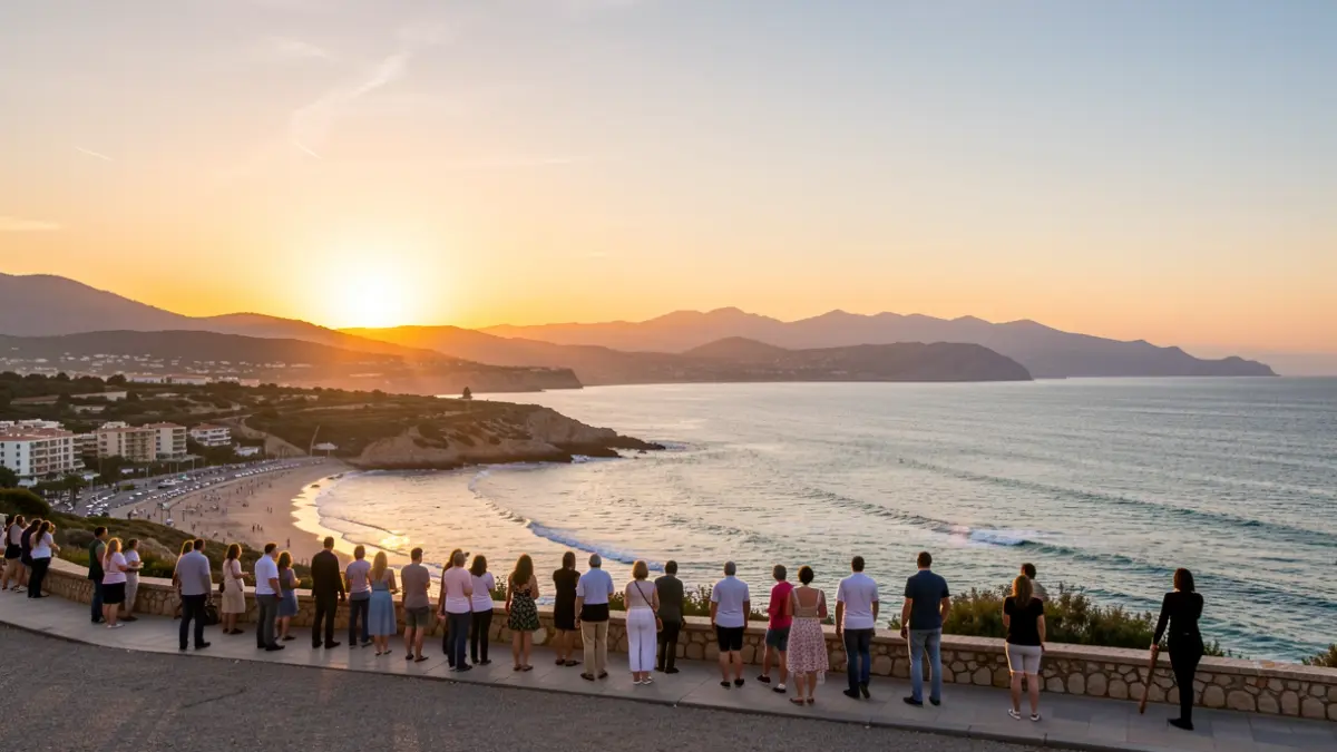 Vista panorámica de la costa del Campo de Gibraltar al atardecer, con el mar Mediterráneo y montañas al fondo.