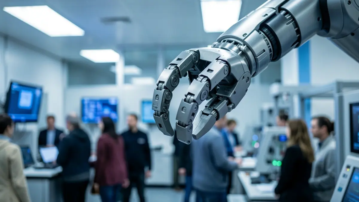 Close-up of an advanced robotic arm in a modern laboratory.
