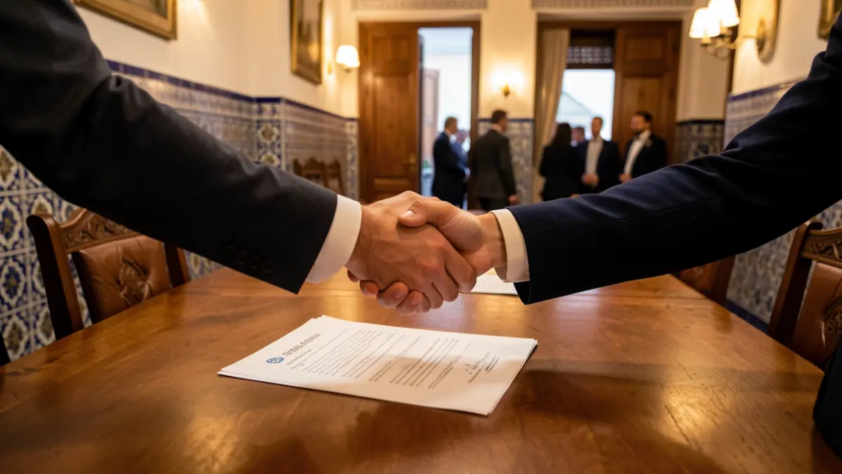 Imagen de una reunión entre representantes empresariales y autoridades en un edificio tradicional andaluz.