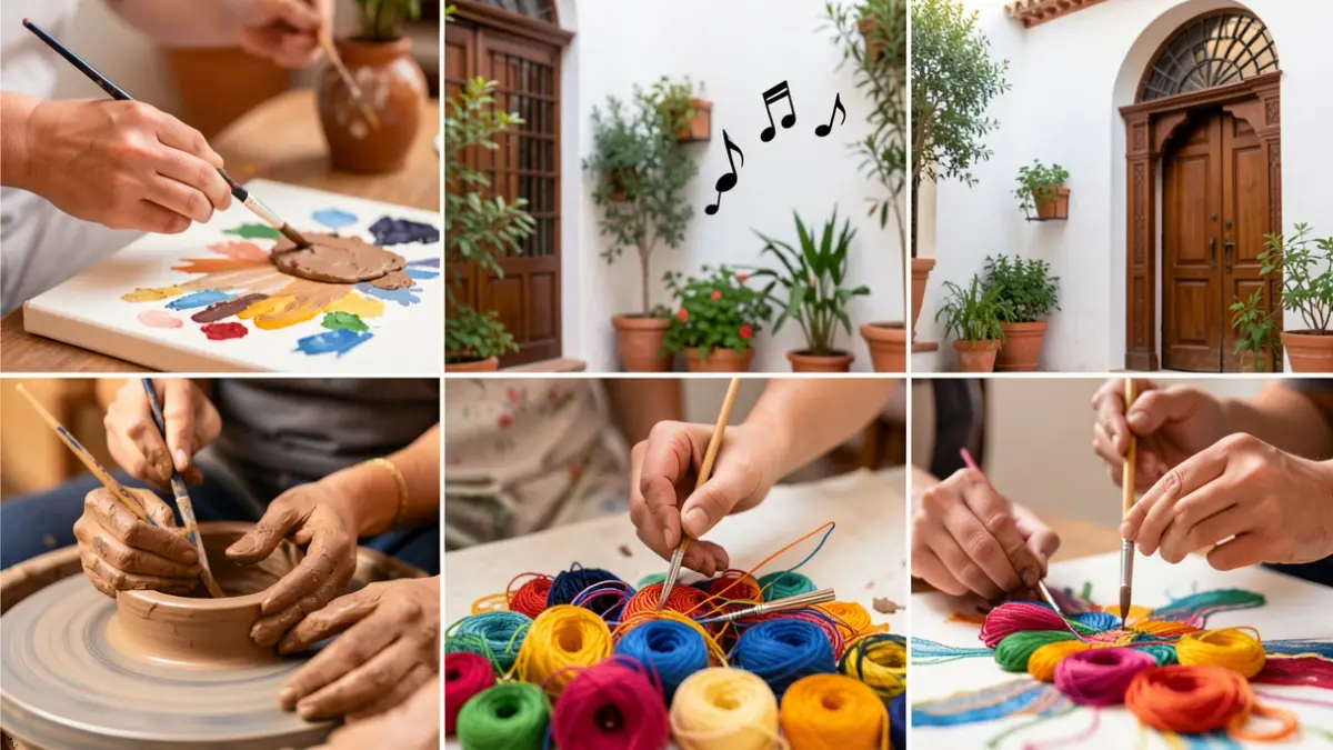 Imagen de diversas actividades socioculturales como pintura, cerámica y bordado en un patio andaluz.
