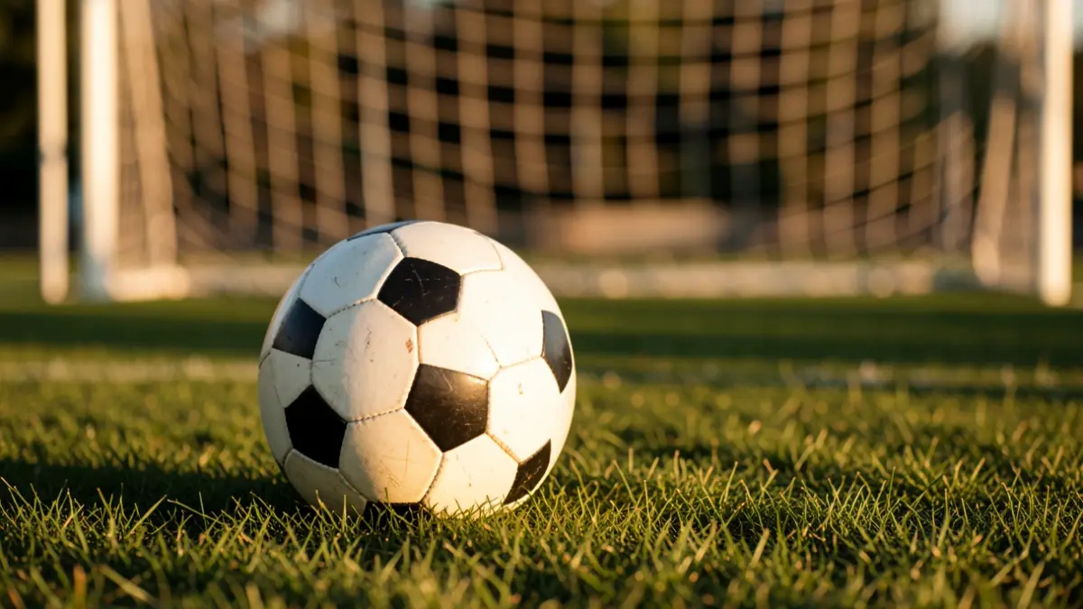 Imagen genérica de un balón de fútbol sobre césped con una portería desenfocada.