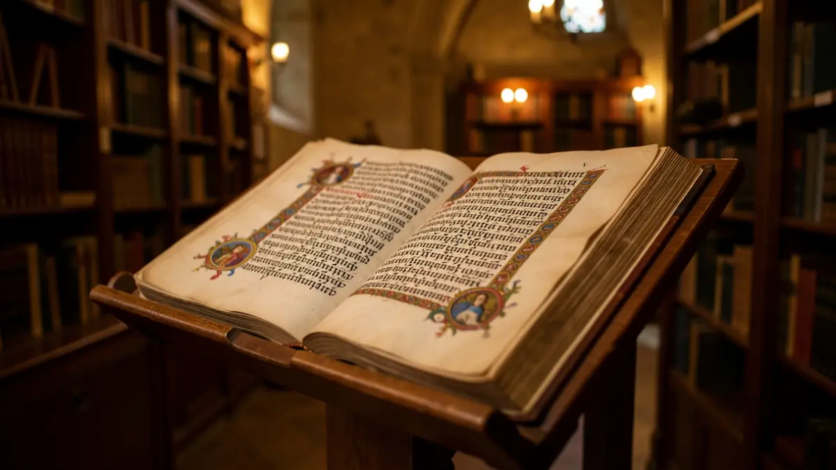 Primer plano de un manuscrito religioso con caligrafía ornamentada e iniciales iluminadas sobre un atril de madera en una biblioteca de convento tenuemente iluminada.