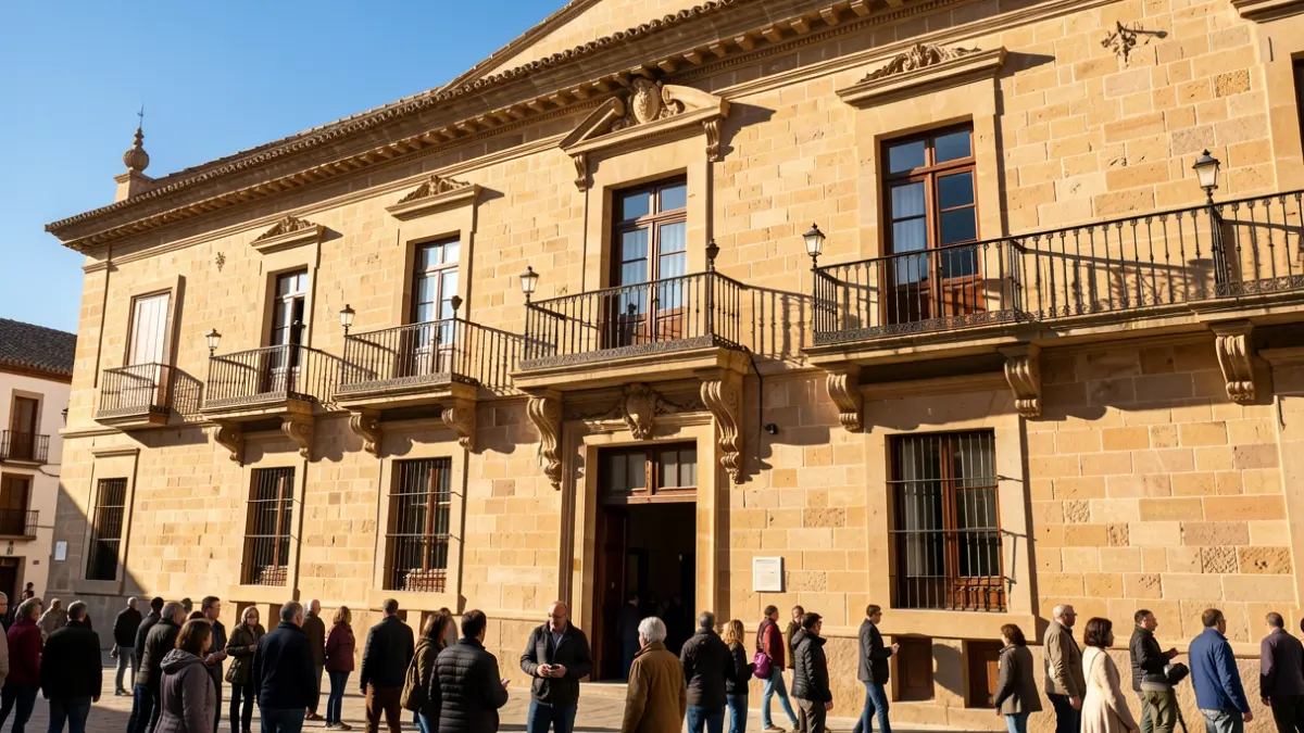 Facade of the Ronda town hall with ornate balconies and iron railings, warm afternoon sunlight.