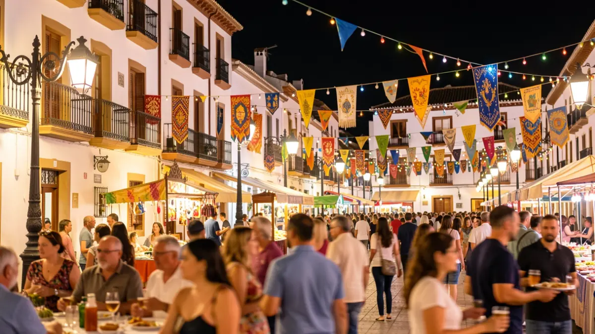 Imagen genérica de una feria andaluza nocturna con gente y arquitectura típica.