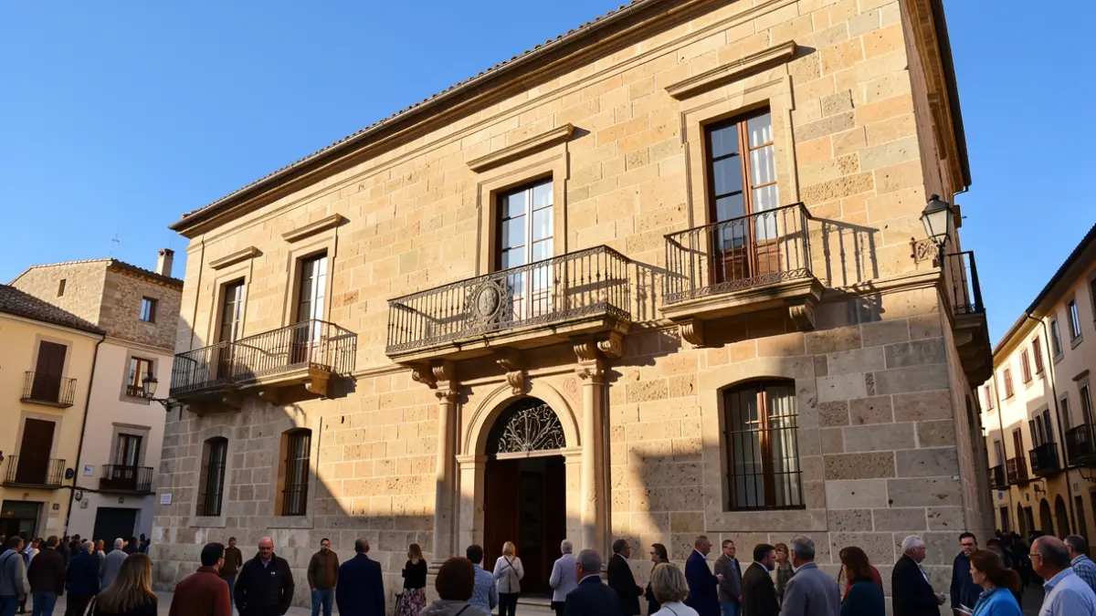 Fachada del Ayuntamiento de Ronda con balcón y barandillas de hierro, bajo la luz del sol de la tarde.