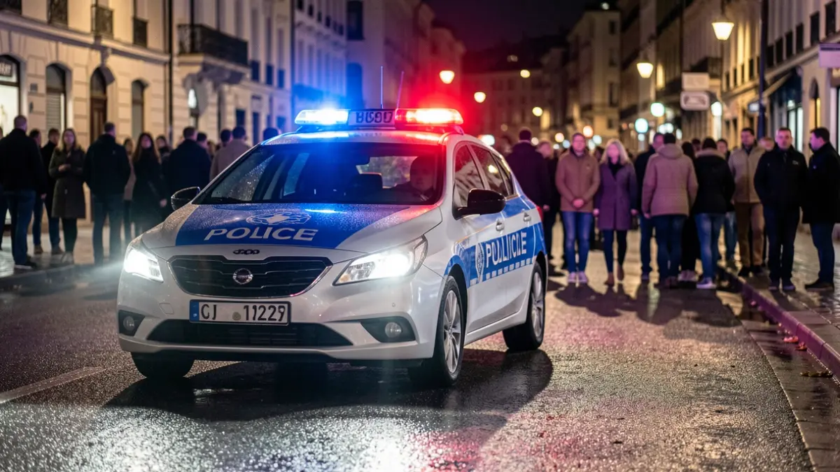 Generic image of police emergency lights reflecting on wet asphalt at night.