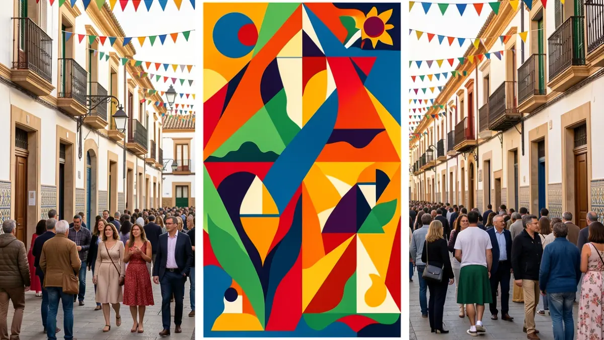 Diseño abstracto y colorido para un cartel de feria, con formas geométricas y estilo andaluz.