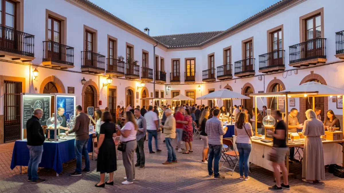 Imagen genérica de la Noche Europea de los Investigadores en una plaza andaluza con gente participando en talleres científicos.