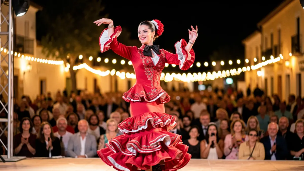 Imagen de un bailaor de flamenco actuando en un escenario exterior por la noche, con público difuminado al fondo.
