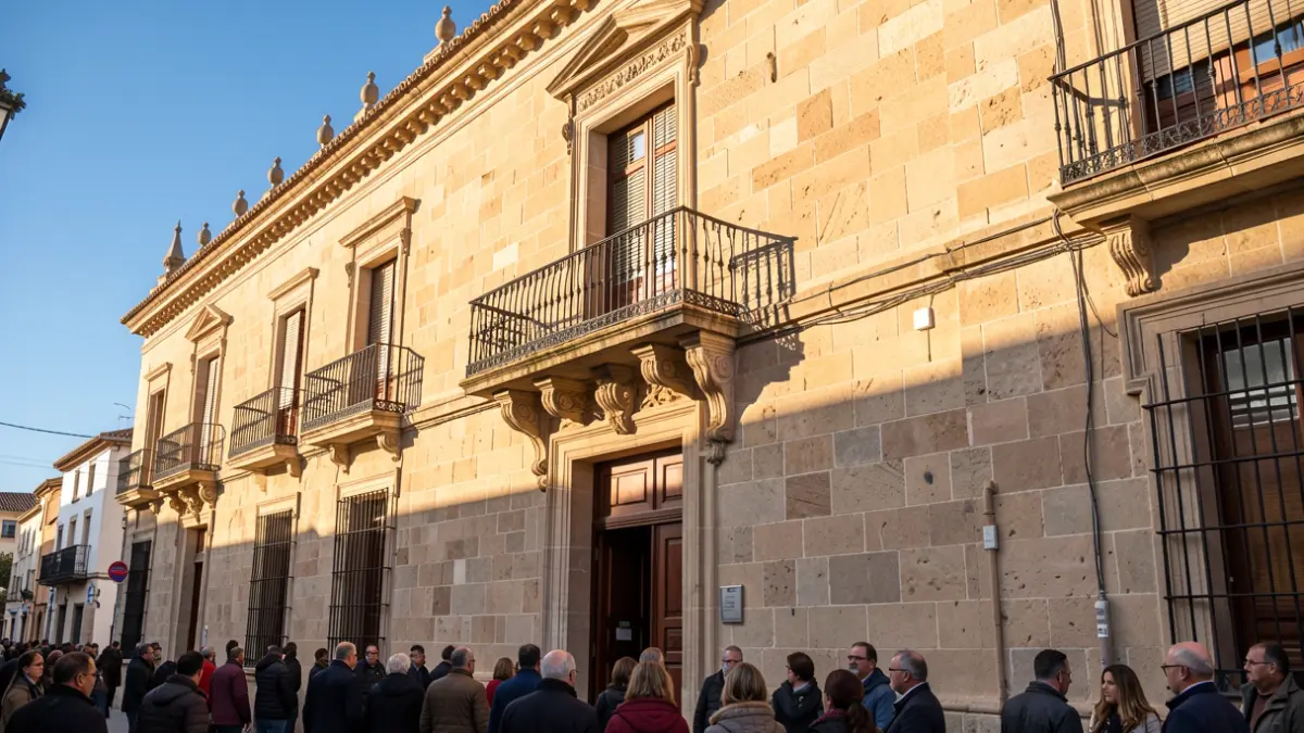 Fachada de un ayuntamiento andaluz con balcón y barandillas de hierro, luz cálida de la tarde.