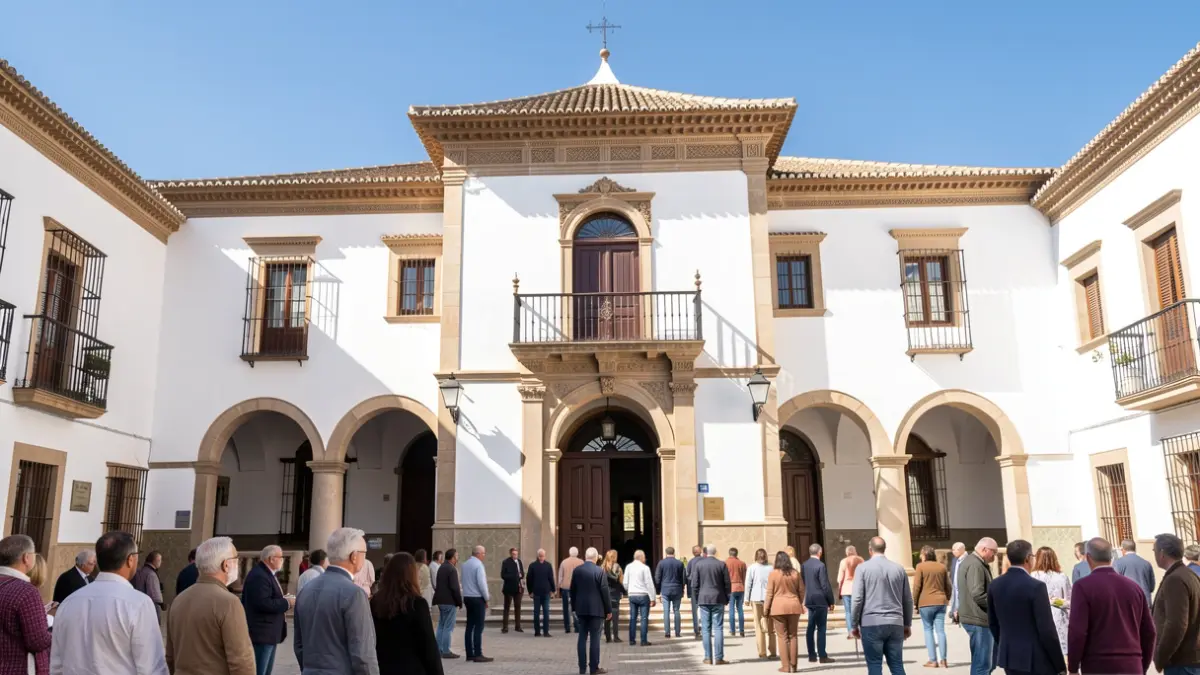 Fachada de un ayuntamiento andaluz tradicional con sol brillante.