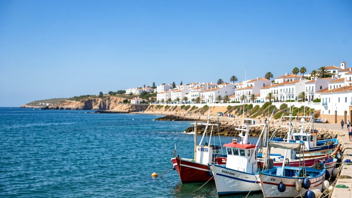 Vista de la costa del Golfo de Cádiz con barcos pesqueros y arquitectura andaluza.