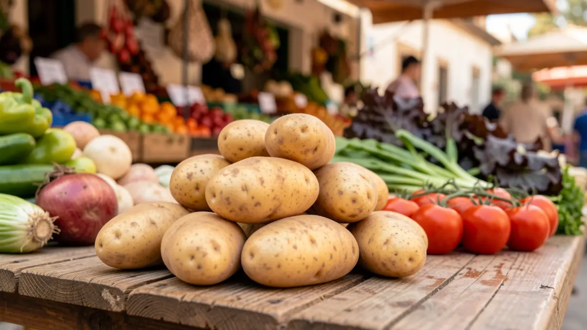 Imagen de productos hortofrutícolas locales de Sanlúcar, incluyendo patatas y verduras, expuestos en un mercado.