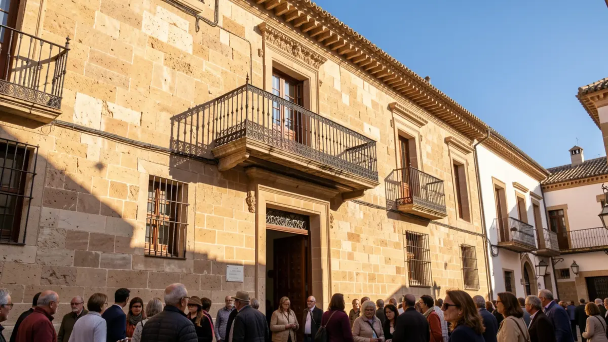 Fachada del Palacio Municipal de Sanlúcar con balcones ornamentados.