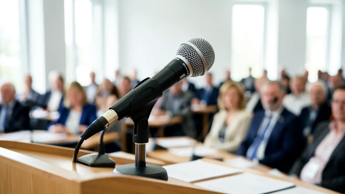 Generic image of a microphone on a podium in a municipal meeting room.