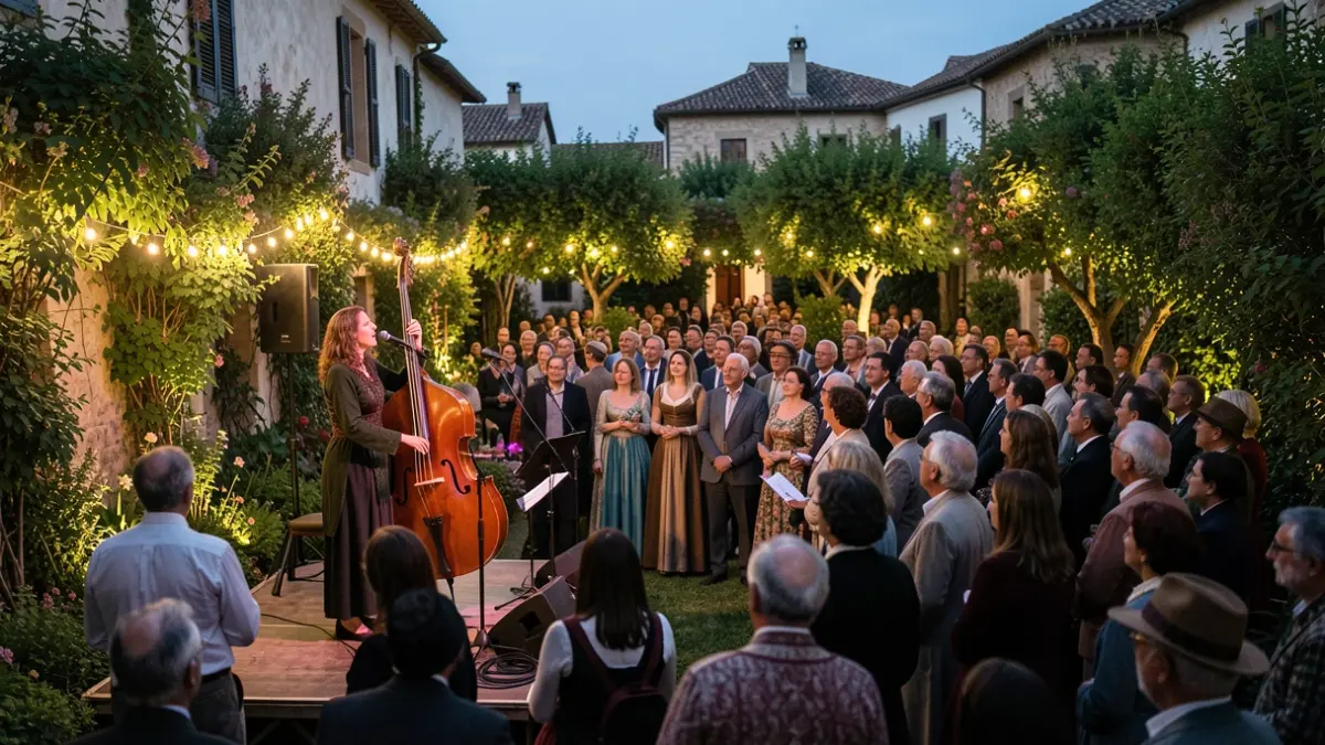 Imagen de un concierto al aire libre en un jardín durante el atardecer, con público y músicos.