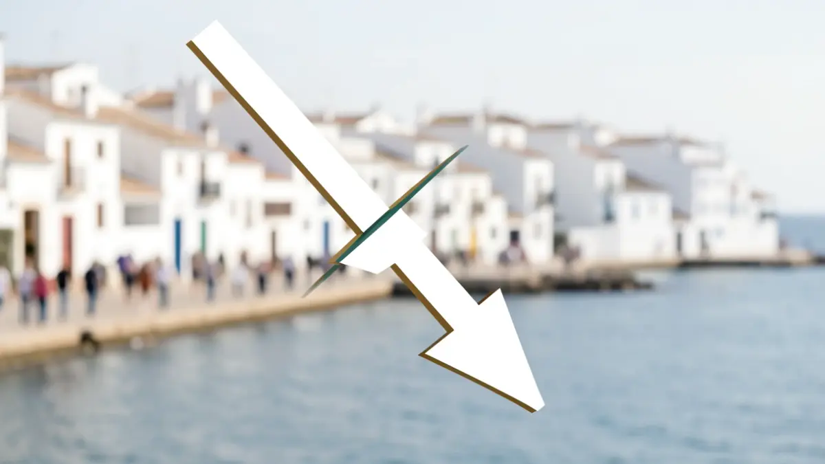 Downward graph over a background of Andalusian architecture and sea.