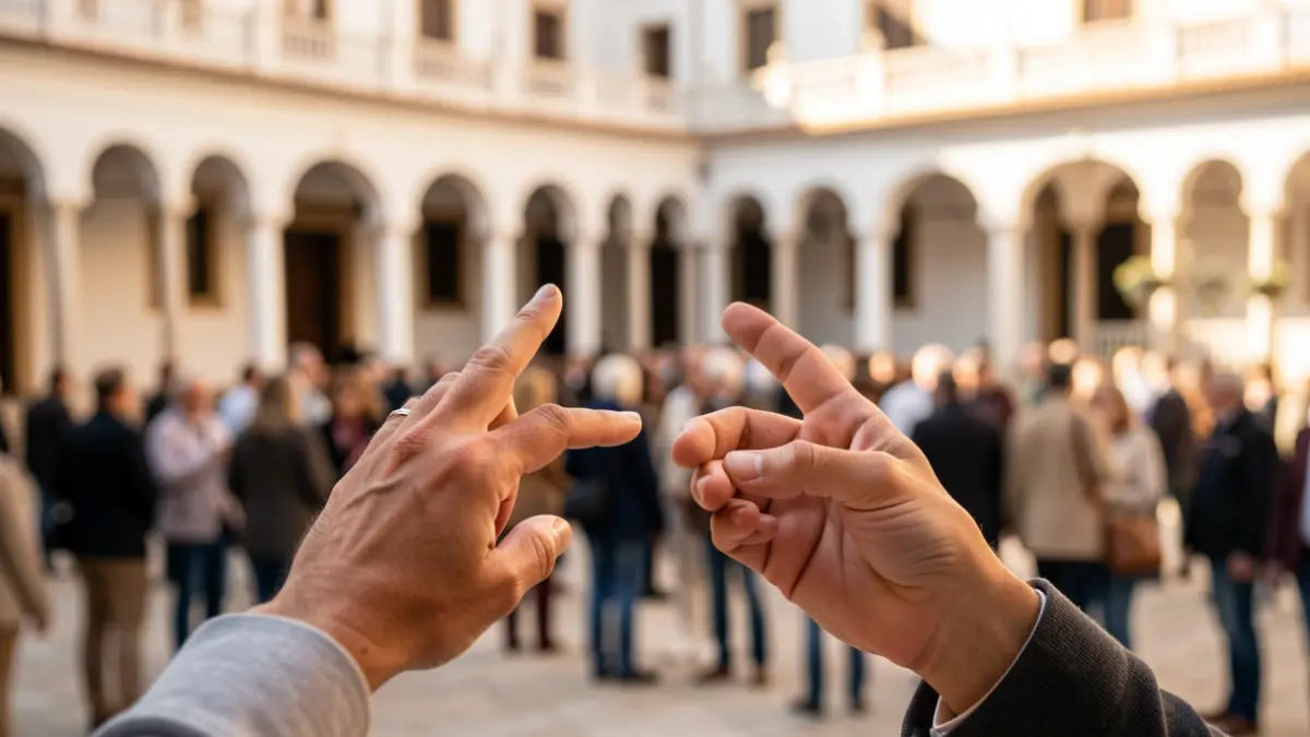 Manos realizando lenguaje de signos español frente a un patio de palacio andaluz.