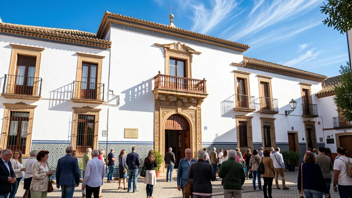 Facade of the Seville City Hall with tiles and balcony.